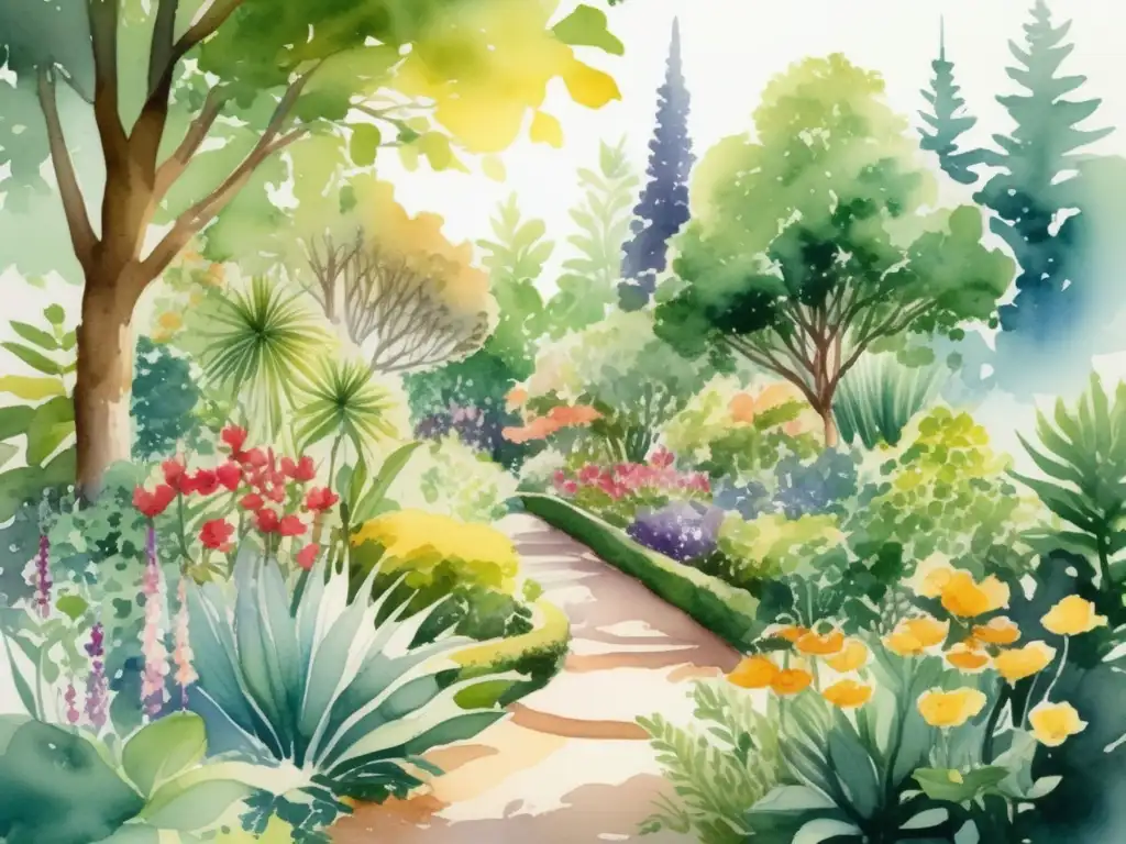 Beneficios medicinales de las plantas en un exuberante jardín botánico con ilustración de acuarela detallada