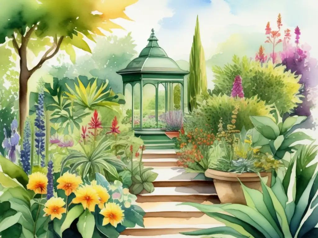 Ilustración acuarela de jardín botánico con plantas medicinales históricas