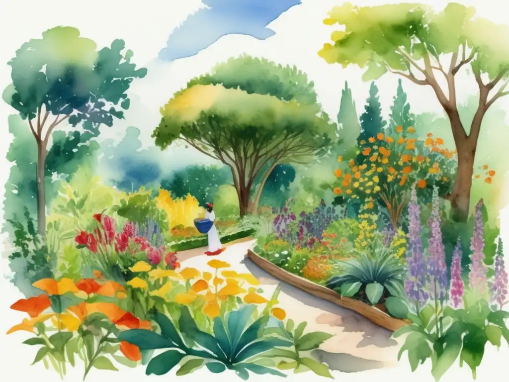 Ilustración acuarela de un exuberante jardín botánico con plantas medicinales vibrantes