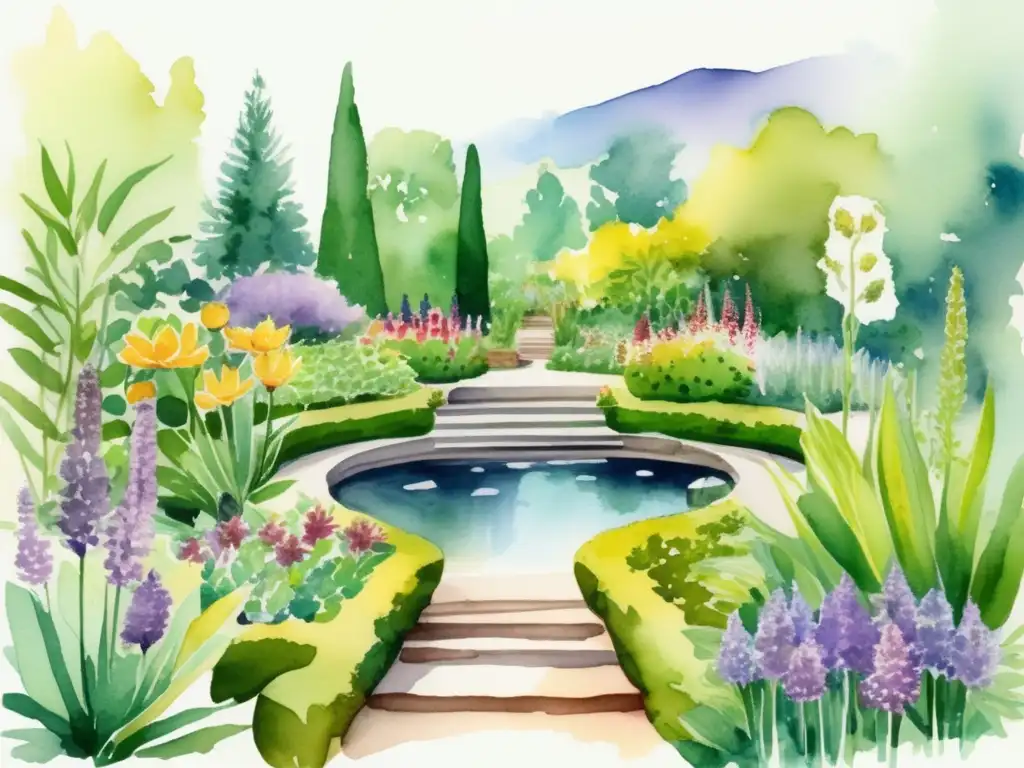 Beneficios plantas medicinales, jardín botánico exuberante con plantas detalladas, colores vibrantes y senderos serenos