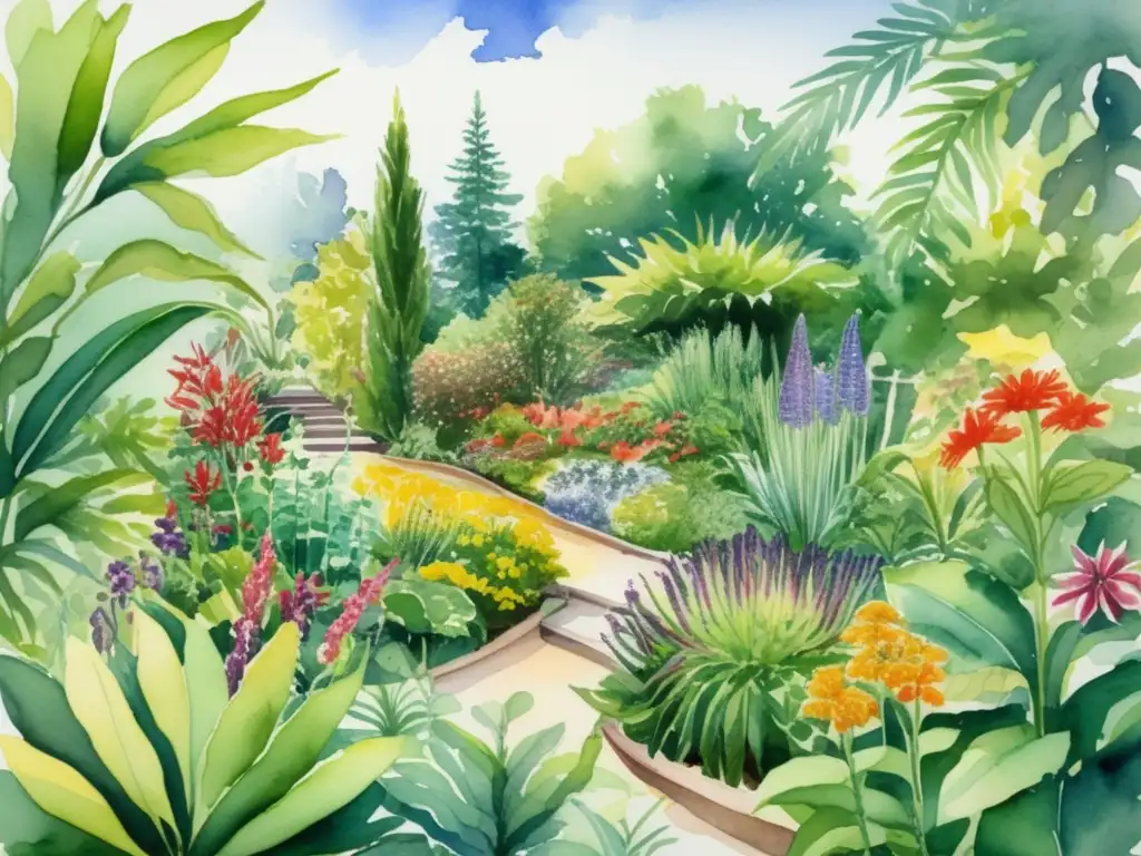 Beneficios de plantas medicinales en un jardín botánico lleno de vida y color