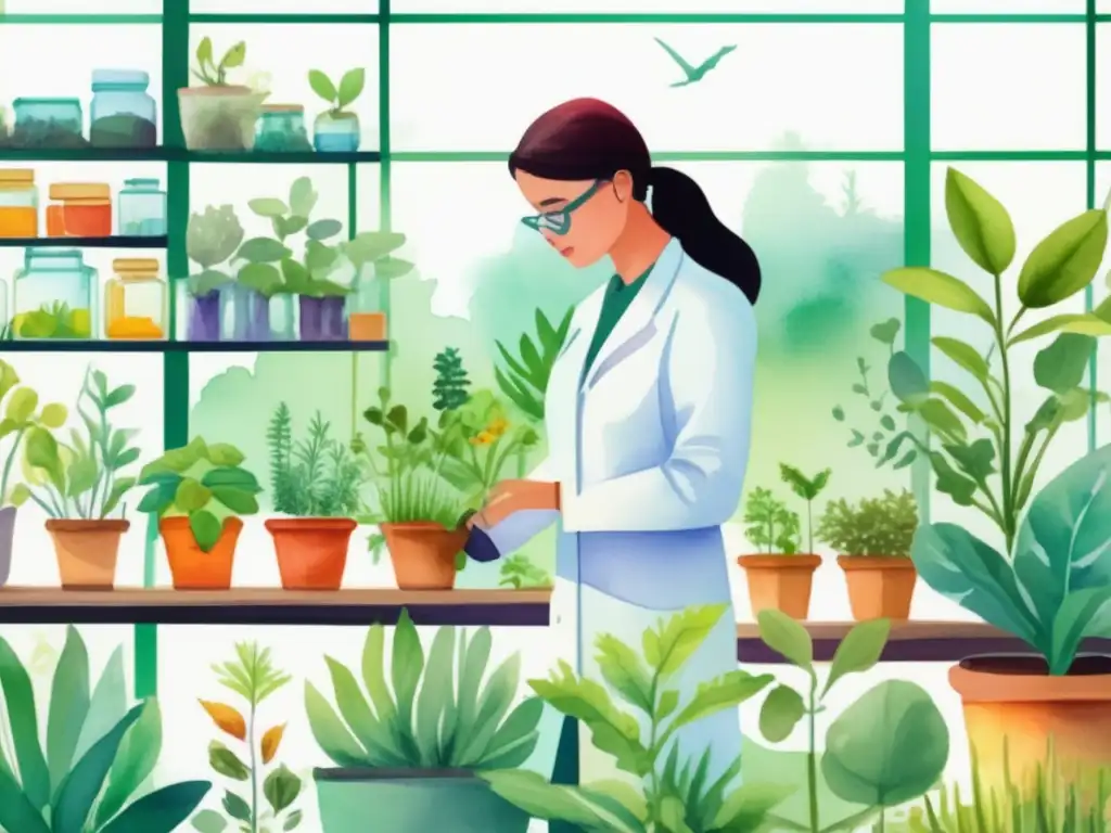 Biotecnología vegetal medicamentos: Jardín botánico vibrante con plantas medicinales y expertos científicos