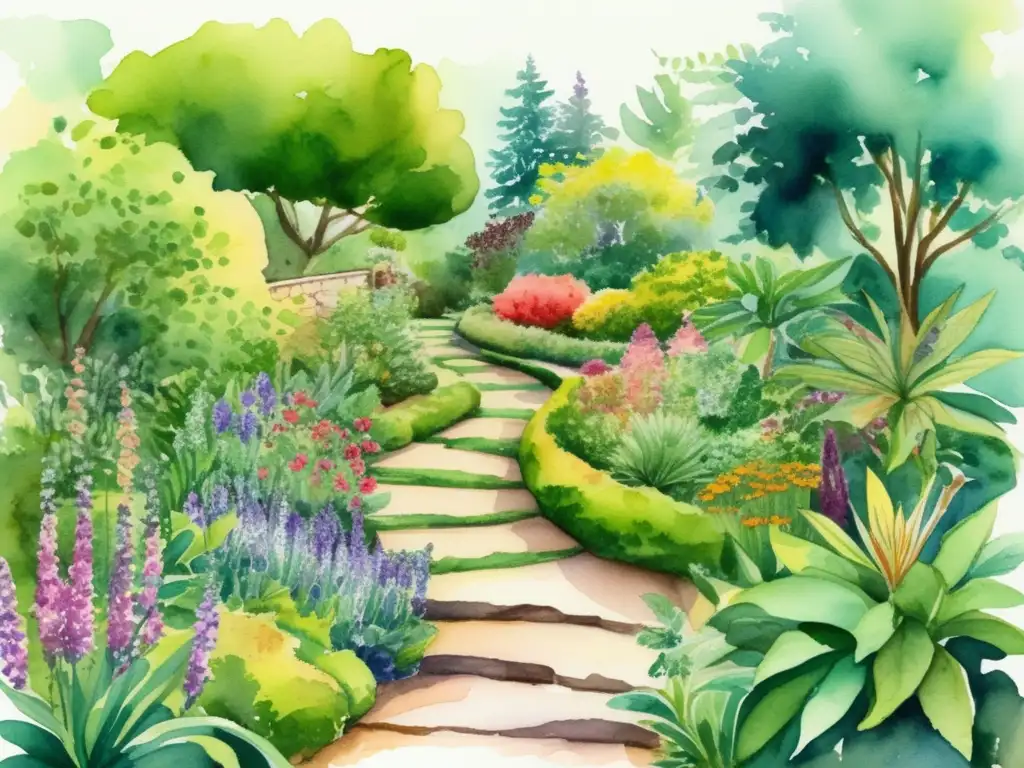 Ilustración acuarela de jardín botánico con plantas medicinales