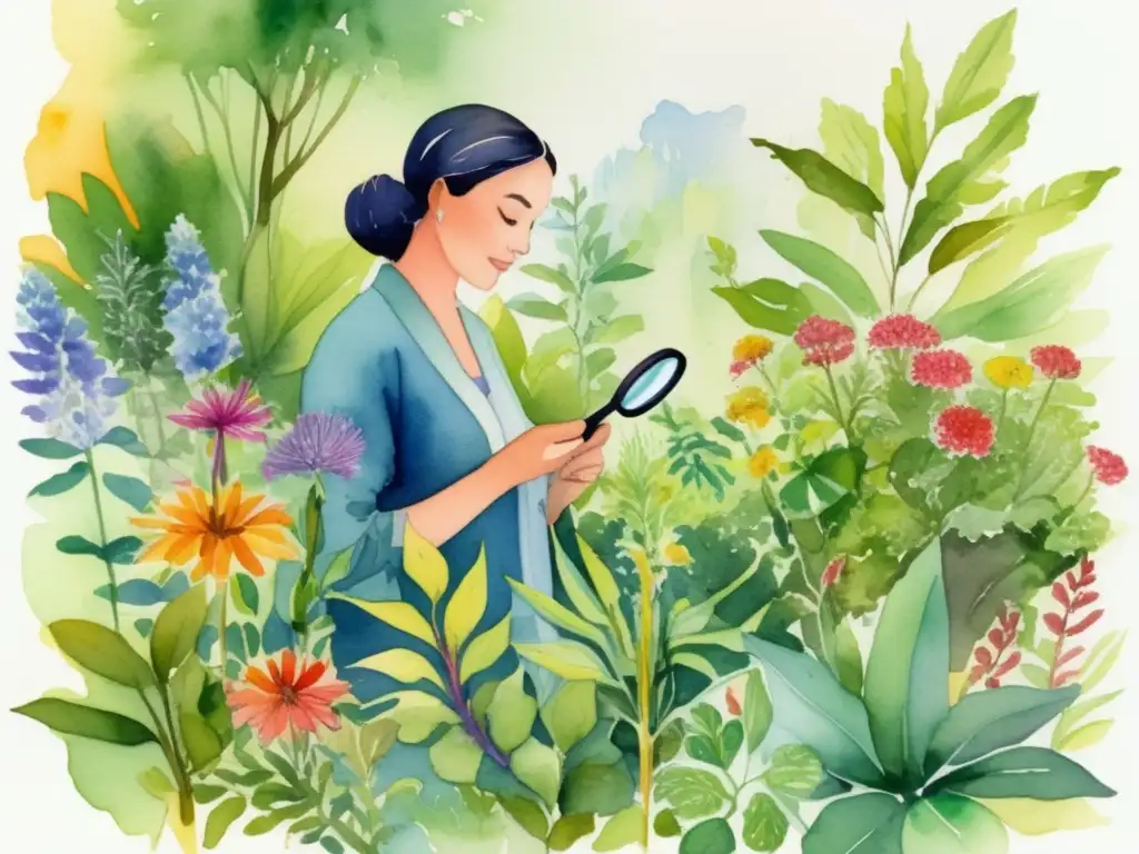 Evolución botánica plantas medicinales, vibrante acuarela de jardín con variada flora y experto herbalista