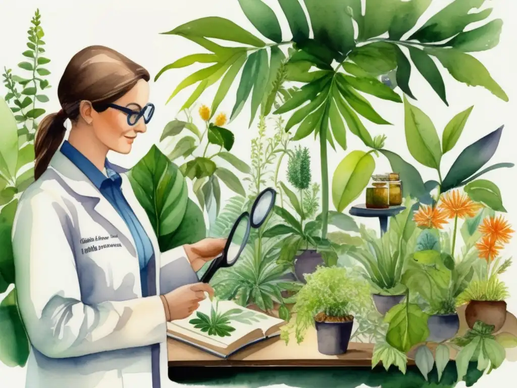 Beneficios medicinales de las plantas en detallada imagen de jardín botánico con botánico y libros de investigación