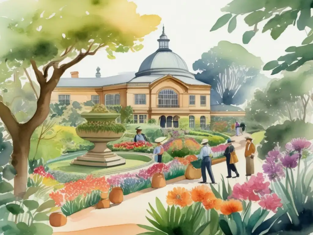 Tesoros Naturales Jardín Botánico Sydney: Ilustración acuarela que captura origen y esencia del jardín, con botánicos estudiando y detalles vibrantes