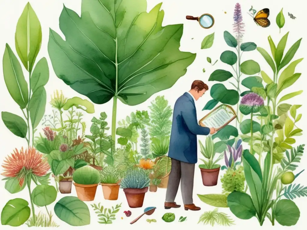 Ilustración acuarela de jardín botánico con diversidad de plantas y clasificaciones