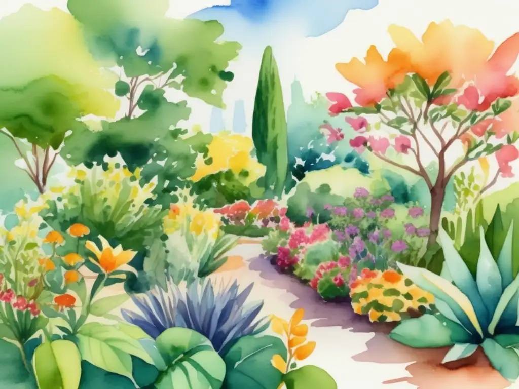 Imagen de un jardín botánico diverso con colores vibrantes y vegetación exuberante