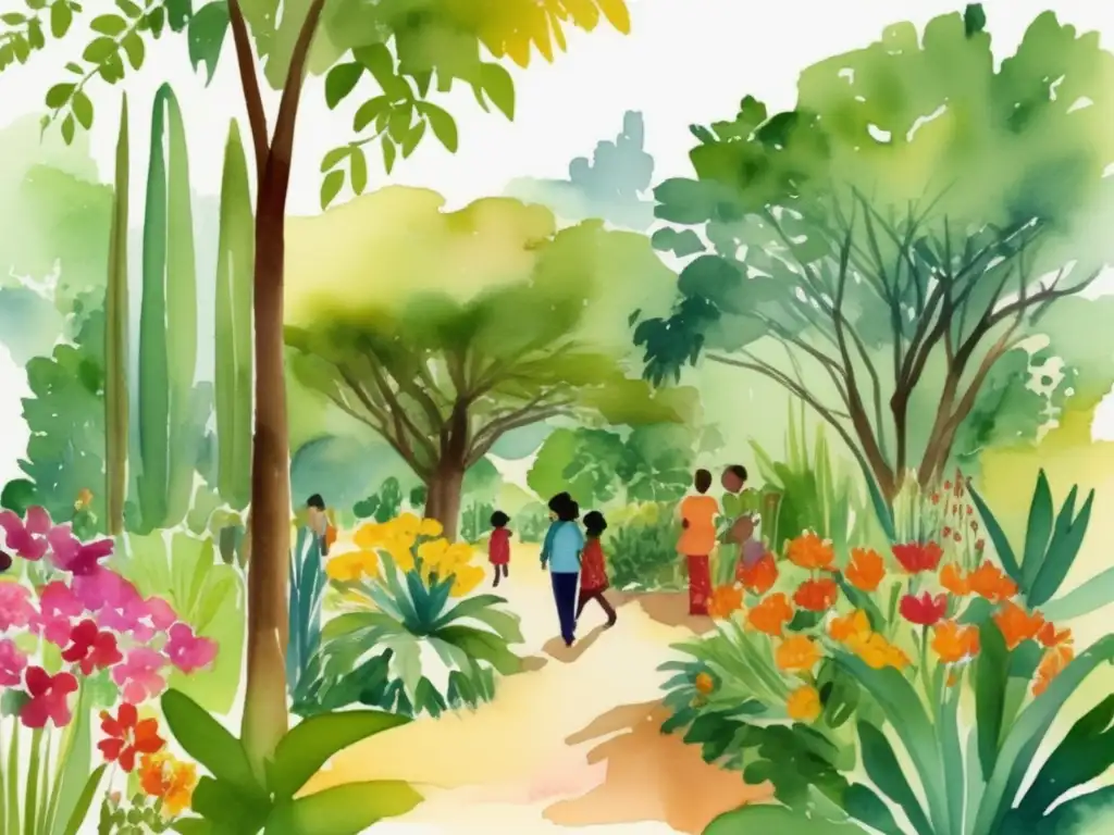 Ilustración acuarela: Jardín botánico, aprendizaje y naturaleza