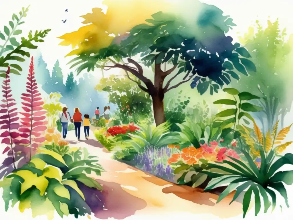 Guía recursos botánica interactiva: Jardín botánico con estudiantes aprendiendo sobre plantas en una ilustración acuarela detallada