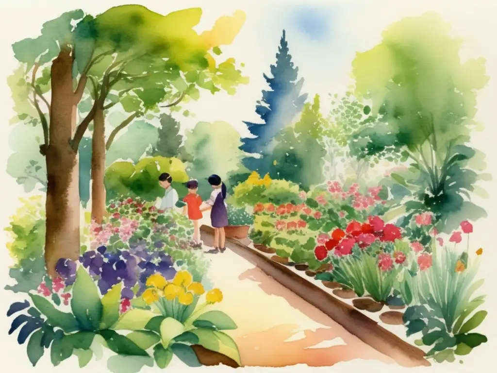 Jardín botánico con niños explorando flora: beneficios de enseñar botánica a niños pequeños