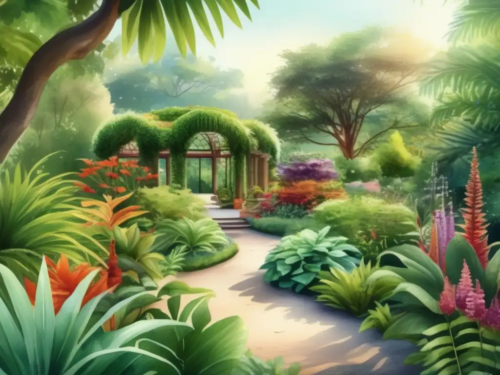 Jardín botánico vibrante en 8k Jardín botánico en acuarela 8k con detalle y colores vibrantes