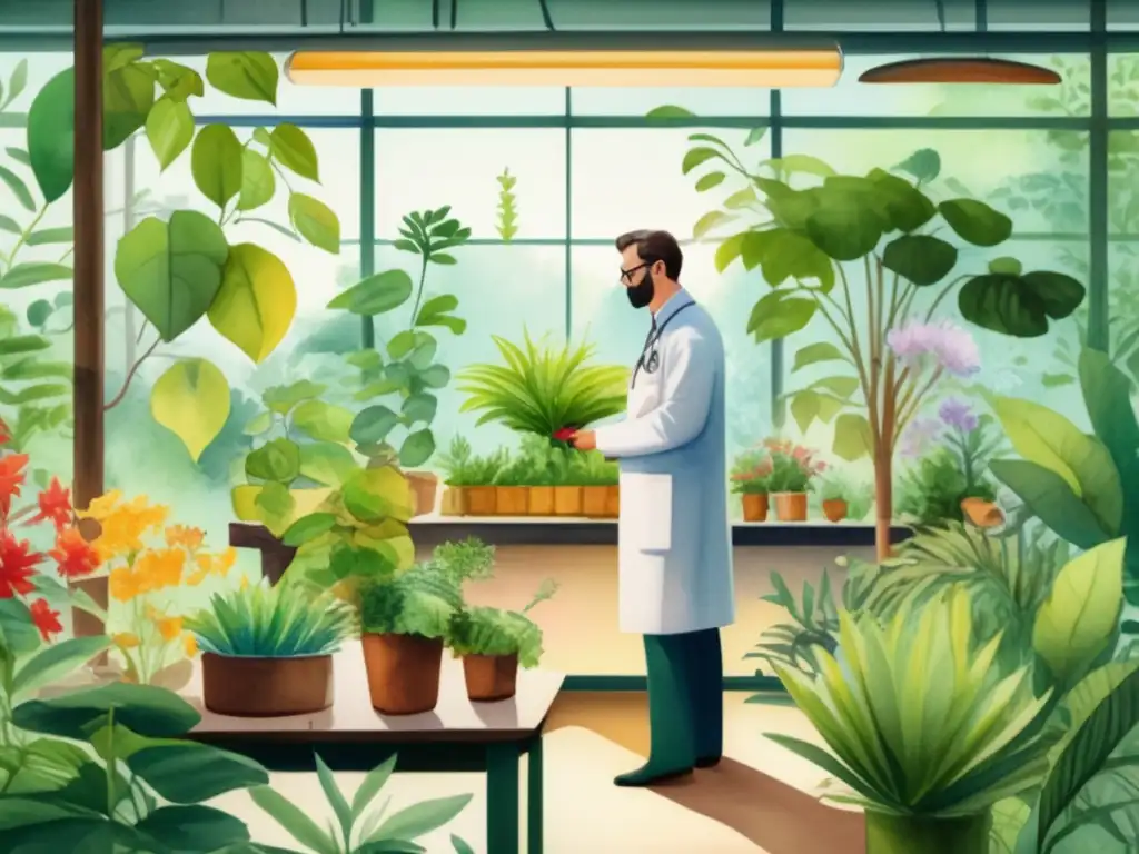 Jardín botánico vibrante con árboles altos y científico examinando planta - Historia de la botánica moderna