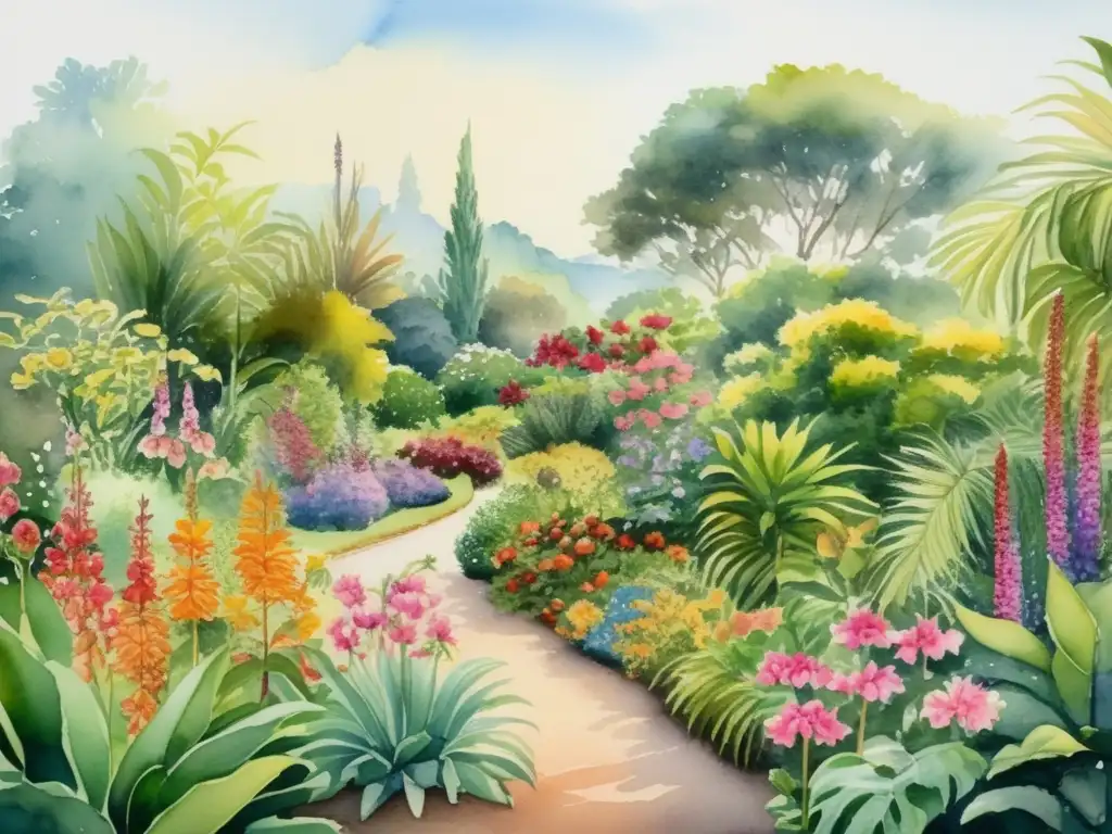 Jardín botánico vibrante y detallado Jardín botánico detallado con realismo y precisión - Significado simbólico de las plantas en el arte