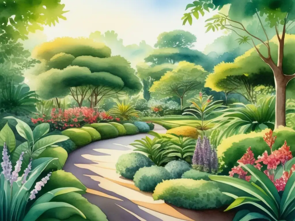 Ilustración acuarela ultradetallada de un exuberante jardín botánico en plena floración, capturando los orígenes y la evolución vegetal