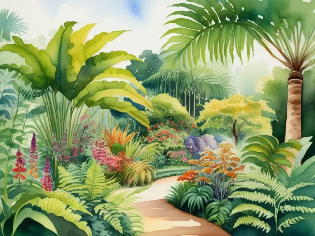Jardín botánico vibrante y detallado Pintura acuarela de jardín botánico con significado simbólico de las plantas en el arte