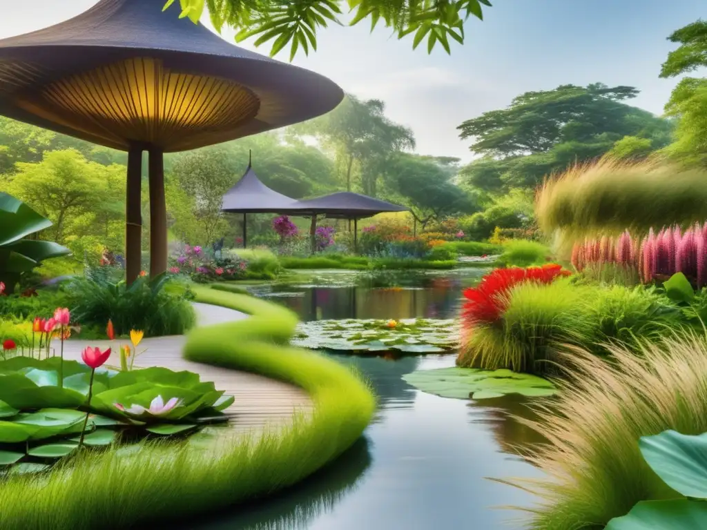 Jardín botánico con diversidad y color, reflejando mercados botánicos emergentes y cambio climático