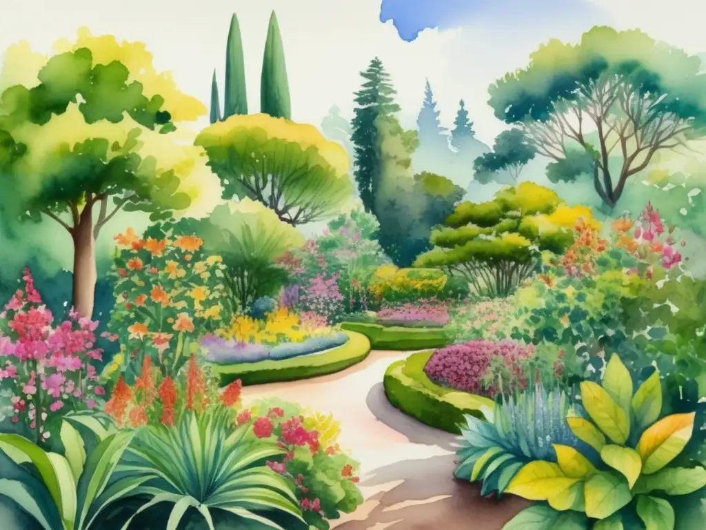 Pintura acuarela detalle de jardín botánico con diversidad de plantas