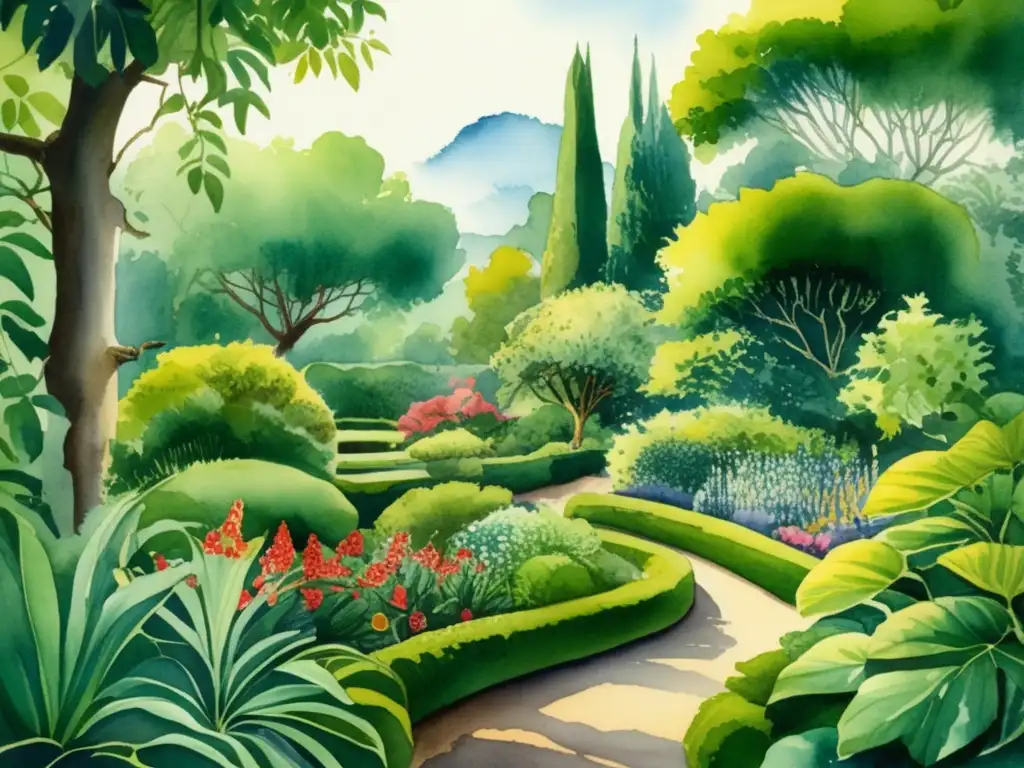 Evolución botánica de plantas comestibles en un exquisito jardín botánico lleno de detalles, colores y símbolos ancestrales