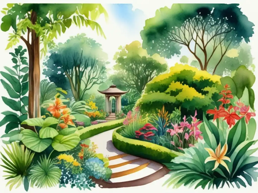 Ilustración acuarela detallada de un exuberante jardín botánico con plantas vibrantes y exóticas