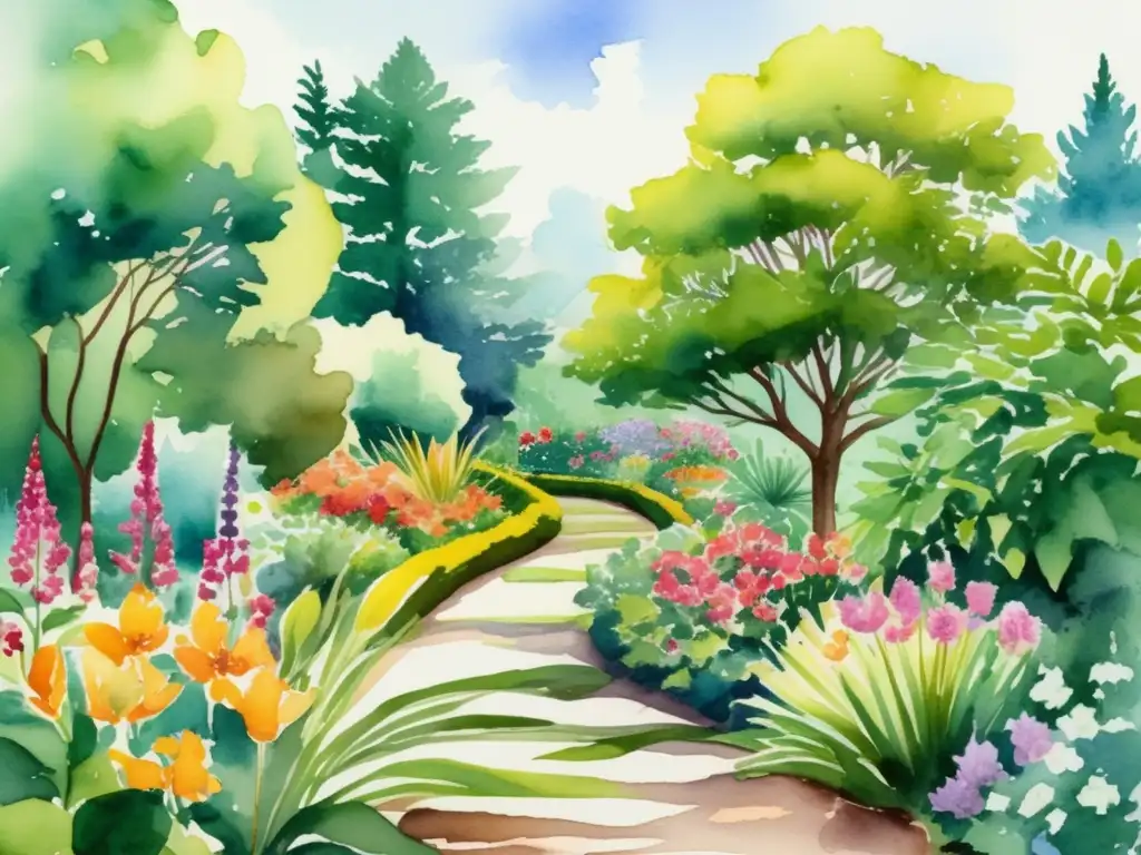 Ilustración acuarela de un exuberante jardín botánico, con diversidad de plantas y una senda serena