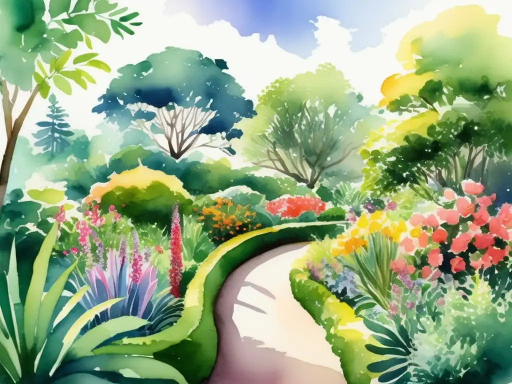 Ilustración acuarela de un exuberante jardín botánico, repleto de colores vibrantes