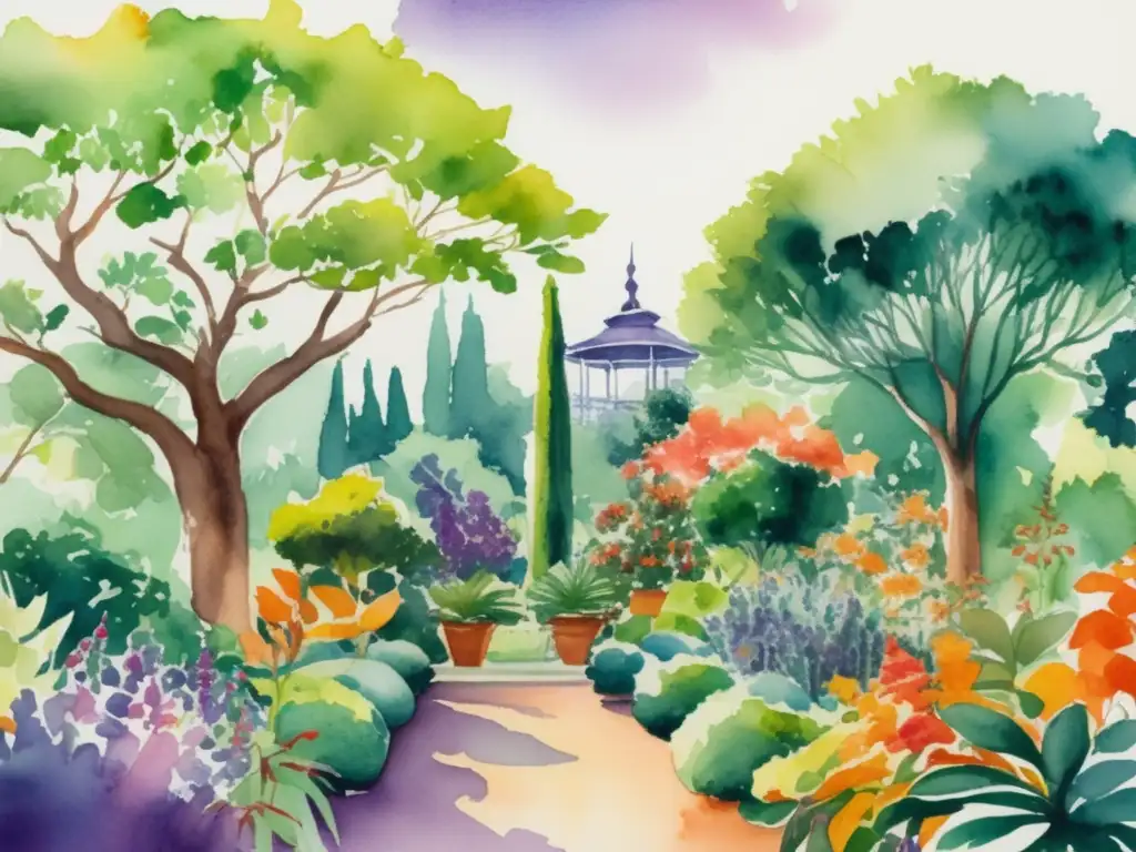 Manipulación genética en plantas: Jardín botánico exuberante con plantas modificadas genéticamente, colores vibrantes, árbol alto y flores pintadas