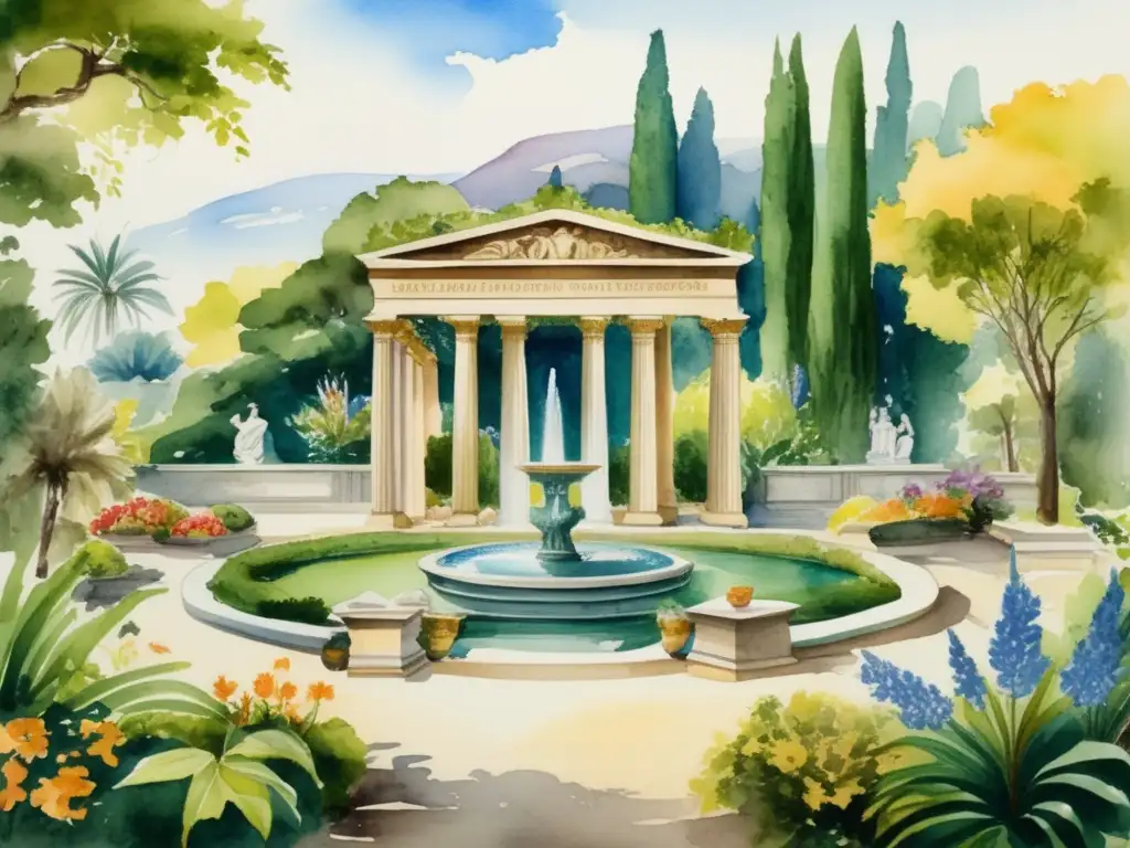 Pintura acuarela jardín botánico griego antiguo con filósofos y fuente de mármol