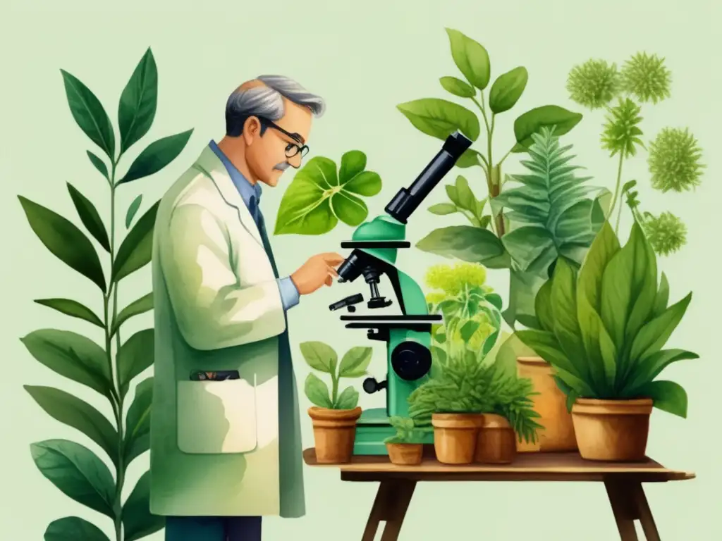 Historia de la botánica moderna: ilustración acuarela detallada de jardín botánico con científico examinando planta bajo microscopio