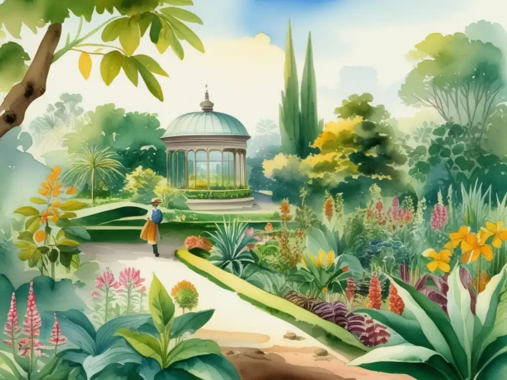 Ilustración acuarela de un exuberante jardín botánico con especies vegetales vibrantes y diversas