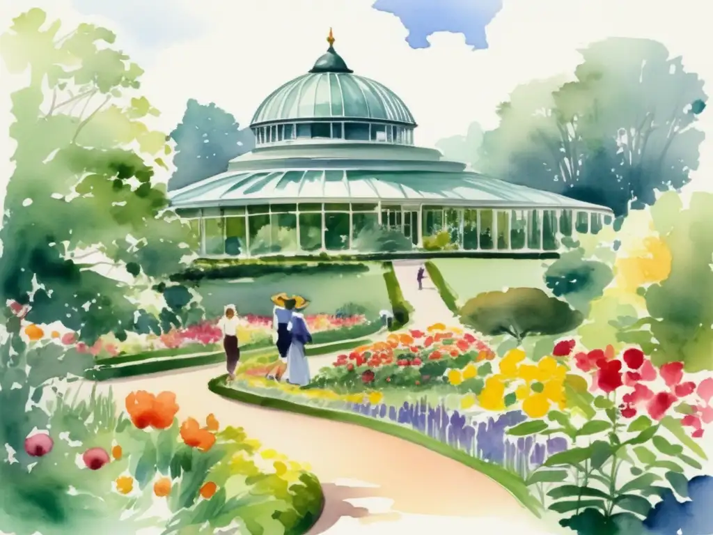 Pintura acuarela de los hermosos Jardines Botánicos de Kew, tesoro de la flora mundial