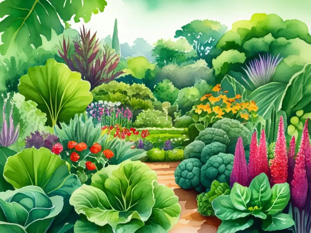 Pintura acuarela: Jardín botánico lleno de plantas comestibles vibrantes y coloridas