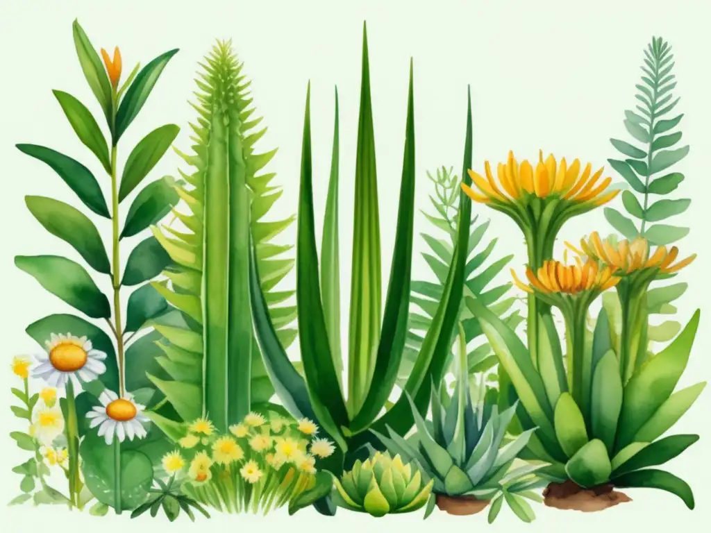 Ilustración acuarela detallada de un vibrante jardín botánico con plantas medicinales