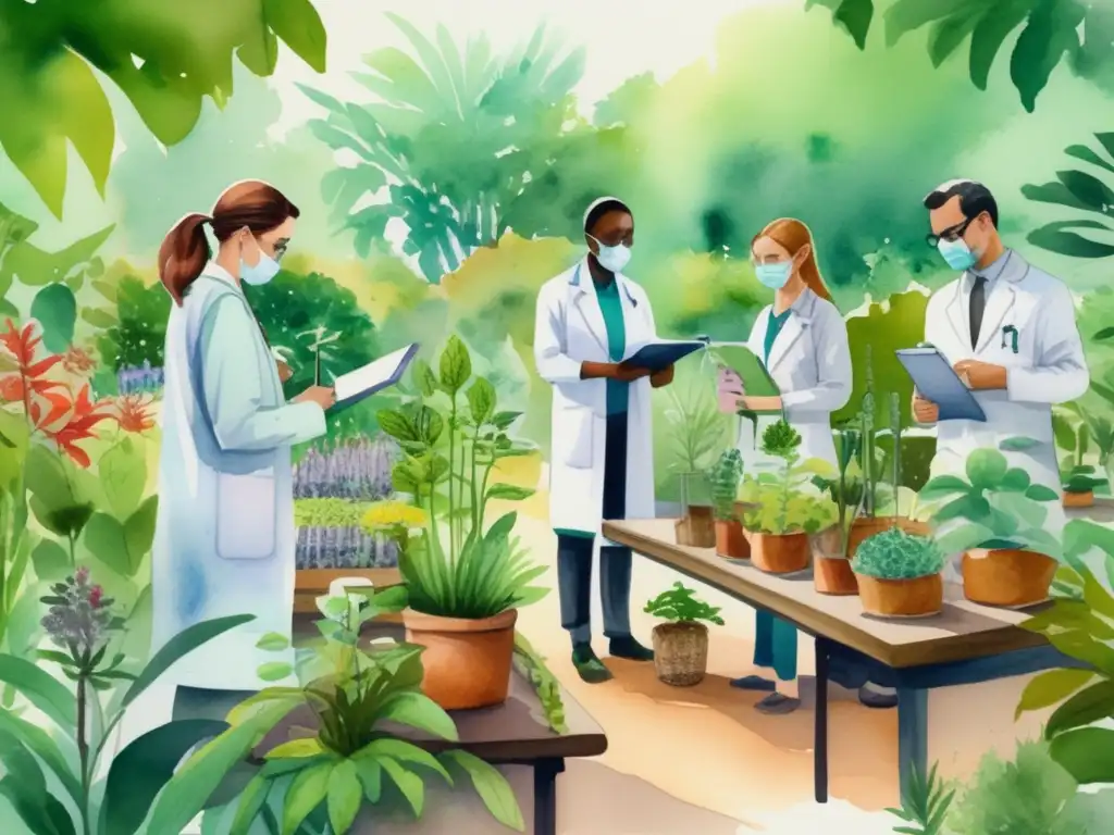 Importancia de la botánica en farmacología: Jardín botánico con plantas medicinales, científicos estudian y documentan