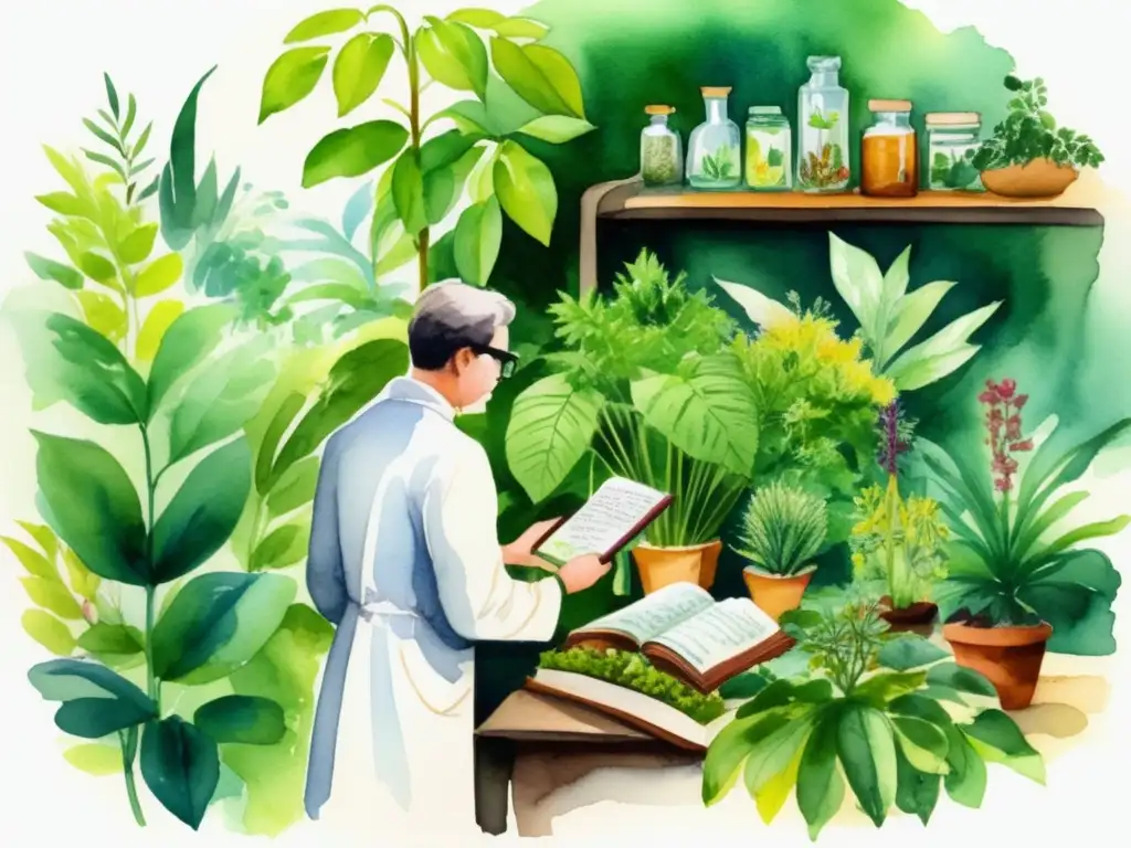 Beneficios medicinales de las plantas en exuberante jardín botánico con botánico y libros científicos