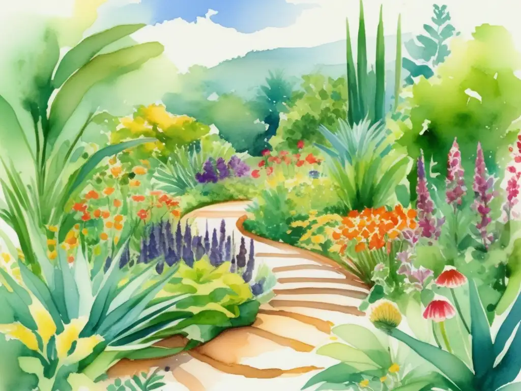 Beneficios medicinales de plantas en un hermoso jardín botánico con ilustraciones acuarela vibrantes y detalladas