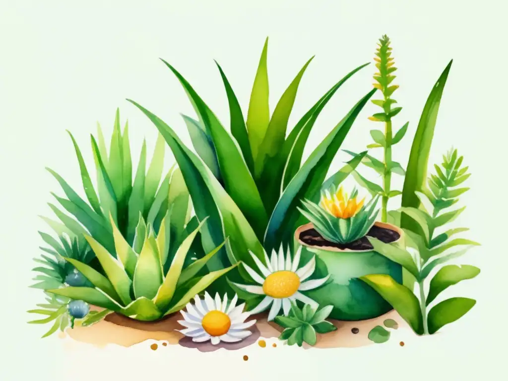 Beneficios medicinales de las plantas en un jardín botánico exuberante, con aloe vera, manzanilla, lavanda y más