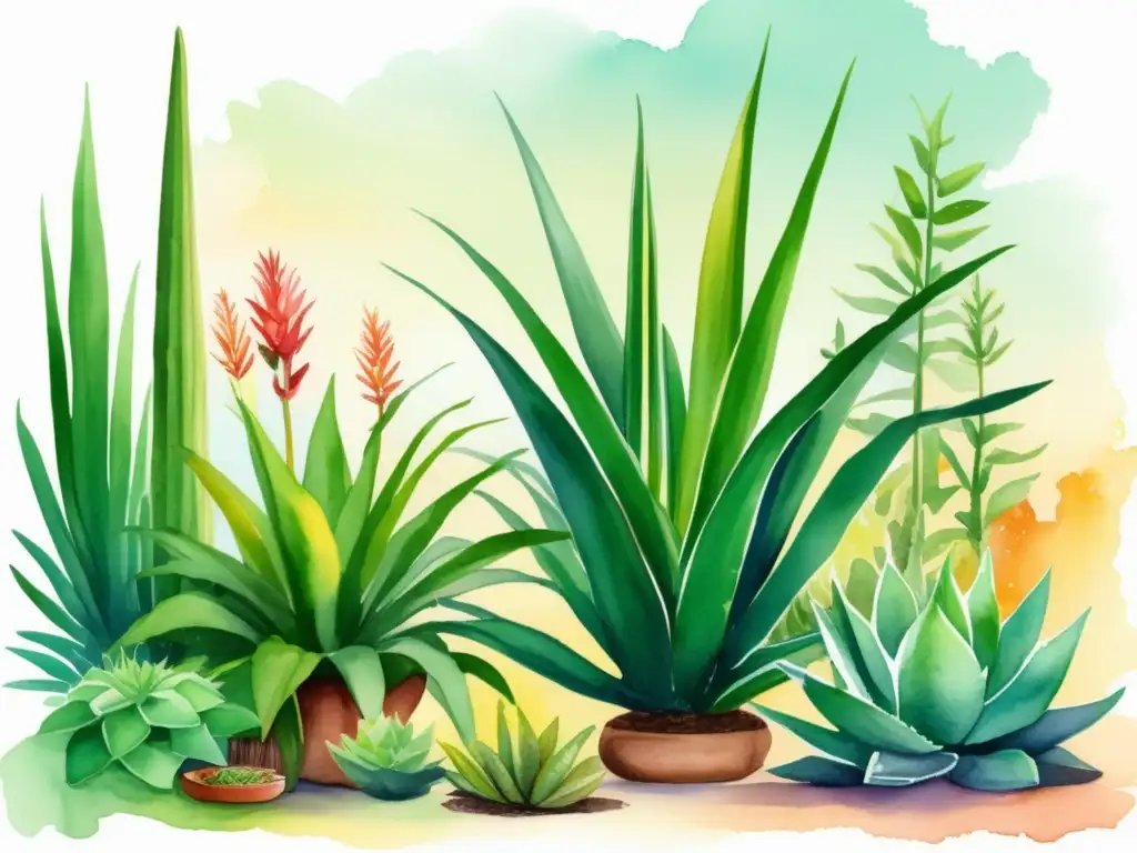 Beneficios medicinales de las plantas: Jardín botánico exuberante con aloe vera, menta y manzanilla