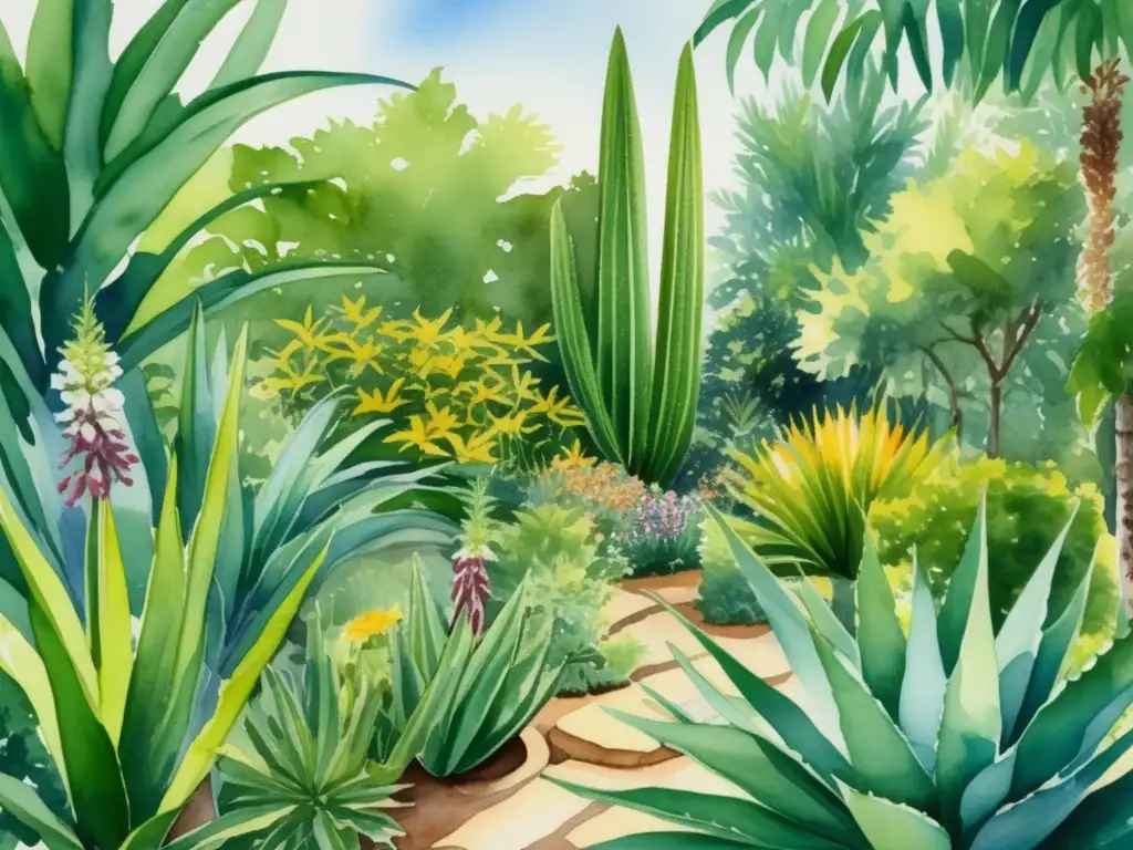 Beneficios de plantas medicinales en un exuberante jardín botánico: aloe vera, manzanilla, lavanda, menta, romero, salvia y más