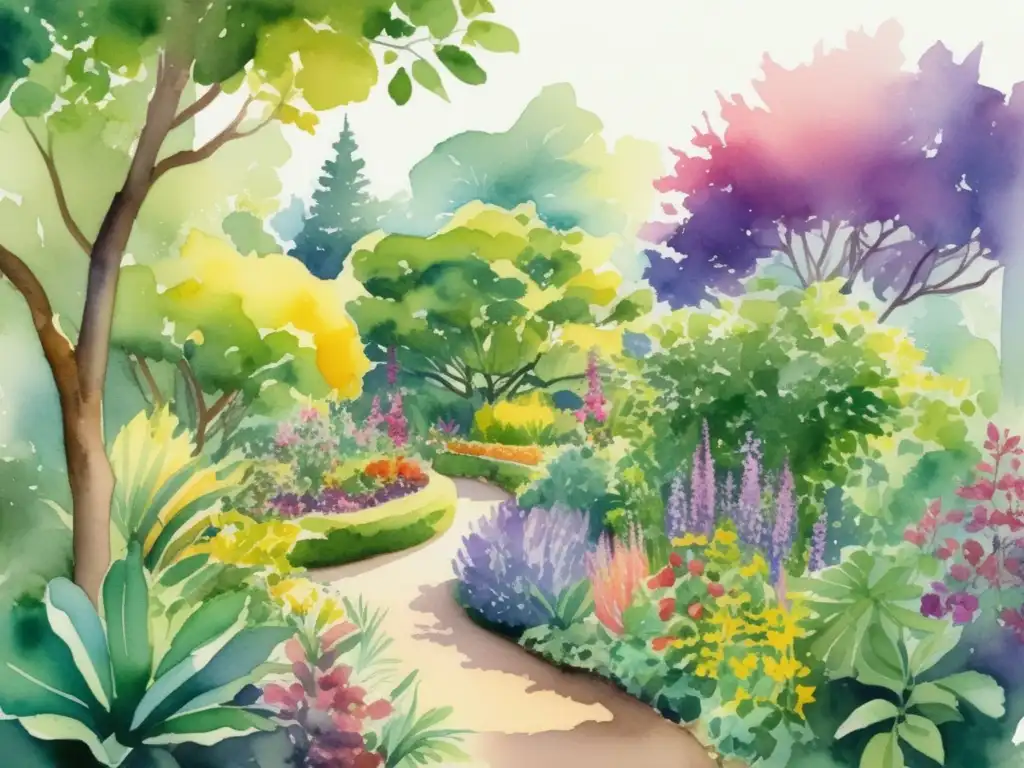 Ilustración acuarela de un jardín botánico con plantas medicinales