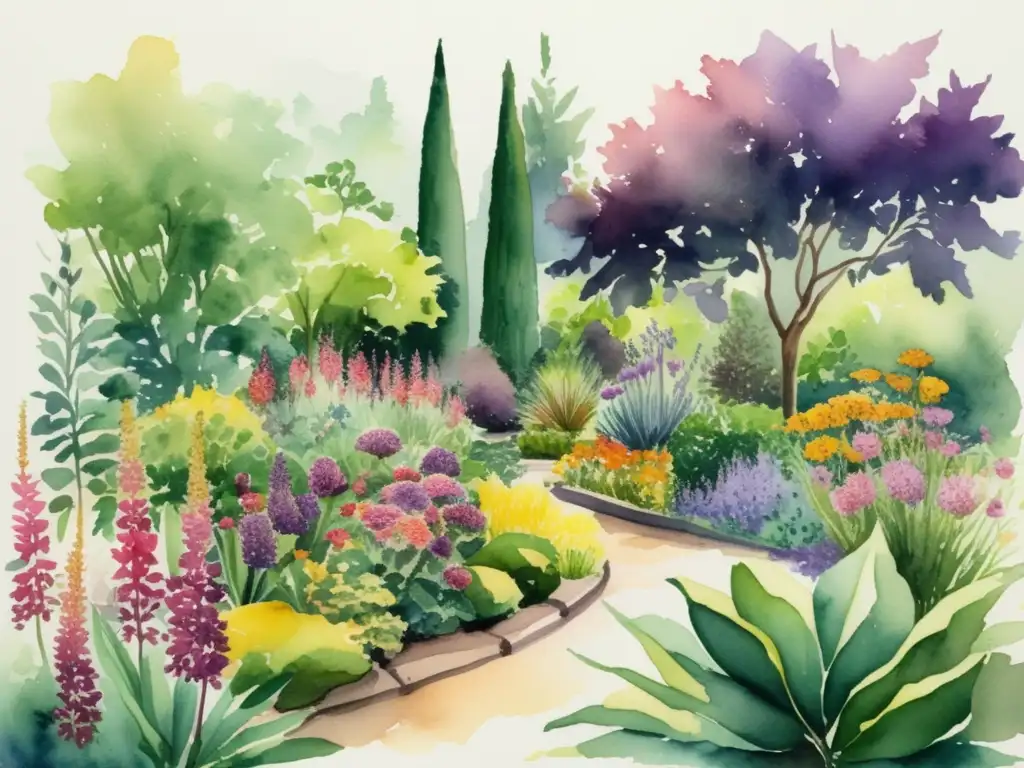 Beneficios de plantas medicinales en jardín botánico lleno de vida y colores vibrantes