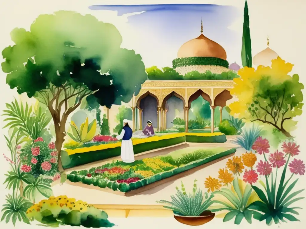 Pintura acuarela jardín botánico Persia antigua, plantas medicinales, arquitectura y tradiciones, detalle botánico