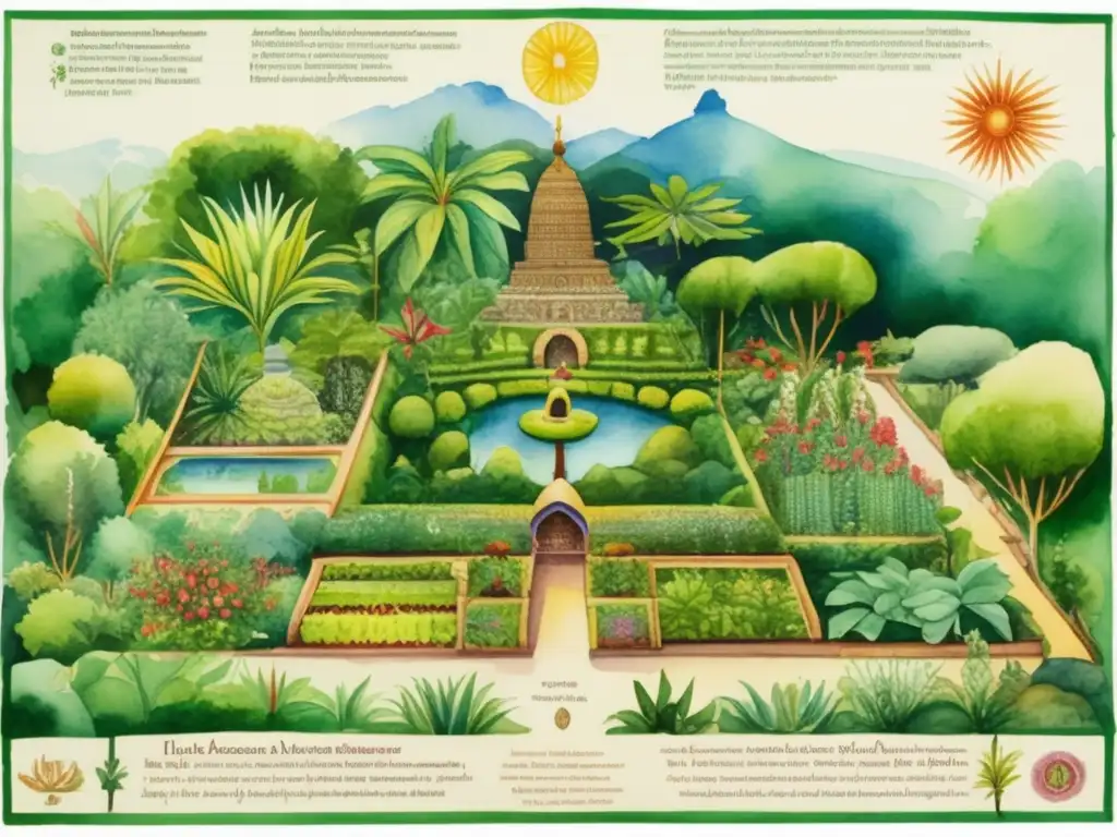 Jardín botánico sagrado con plantas de tradiciones religiosas, incluyendo Ayahuasca, Peyote, Ginseng y Chrysanthemum