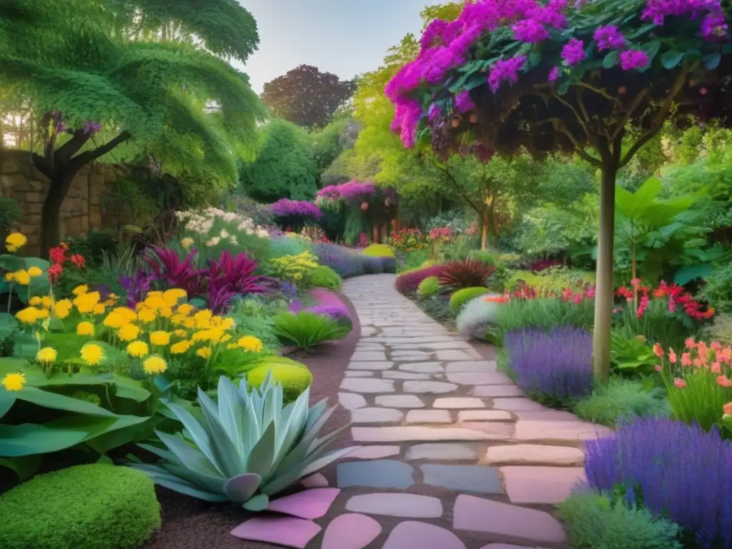 Jardín botánico con plantas vibrantes y coloridas