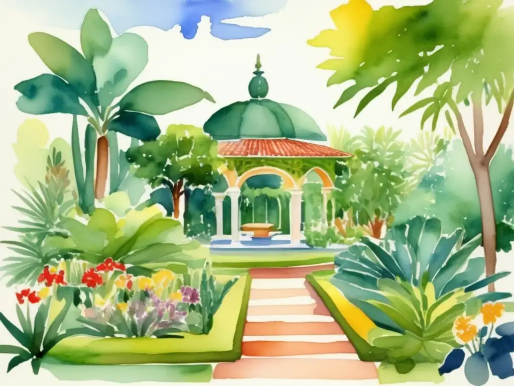 Ilustración: Jardín botánico con plantas medicinales en arquitectura sustentable