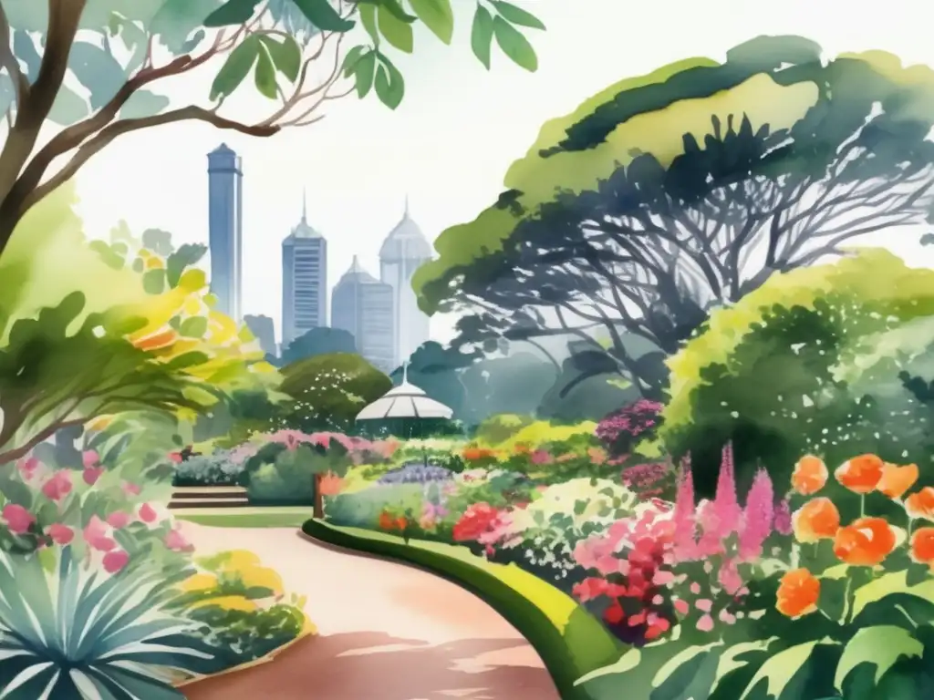 Tesoros Naturales Jardín Botánico Sydney: Pintura acuarela del exuberante jardín botánico de Sydney, con flora vibrante y un camino serpenteante