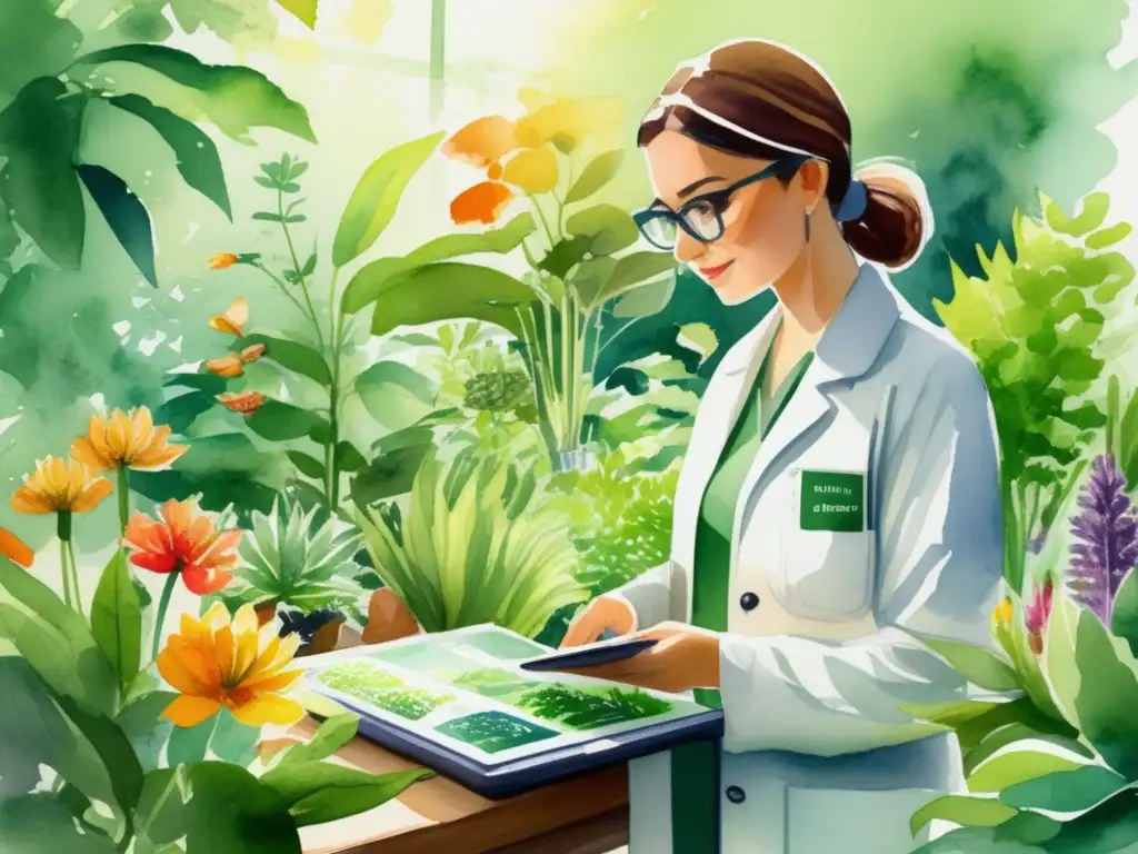 Herramientas digitales biotecnología vegetal en un exuberante jardín botánico, con plantas, flores y un científico analizando datos