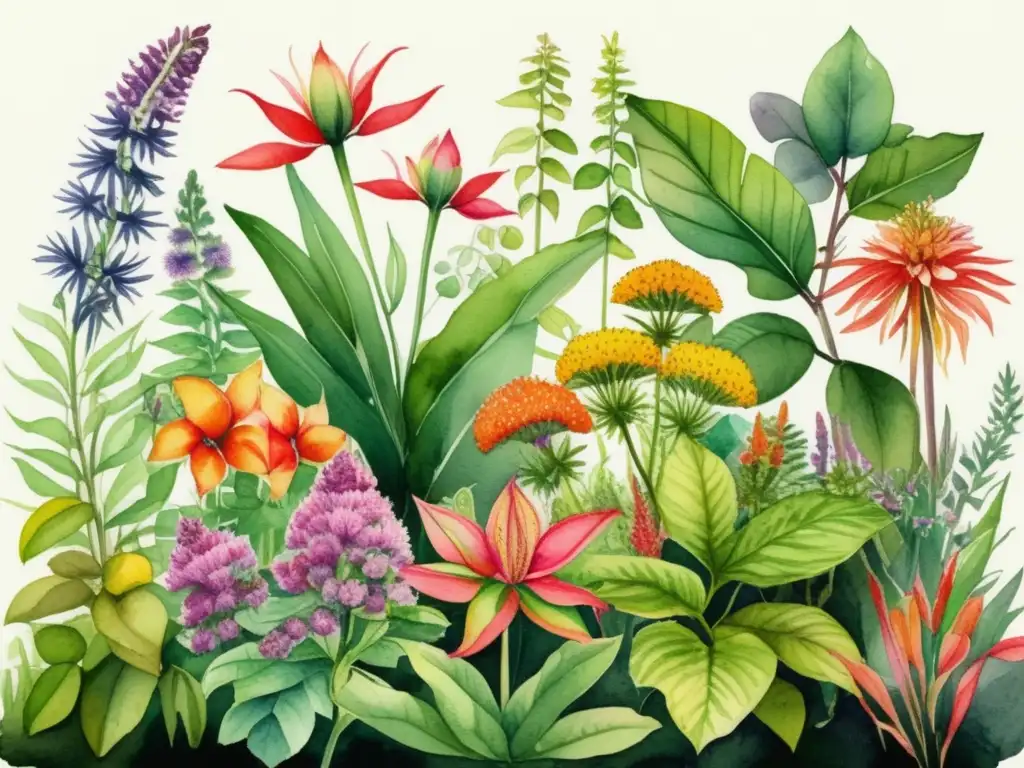 Un jardín botánico con plantas venenosas, ilustración detallada en acuarela