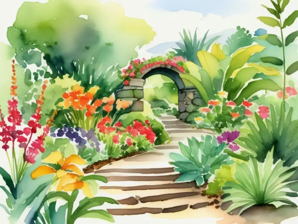 Ilustración acuarela: Jardín botánico con colores vibrantes y plantas diversas - Métodos de enseñanza botánica para principiantes