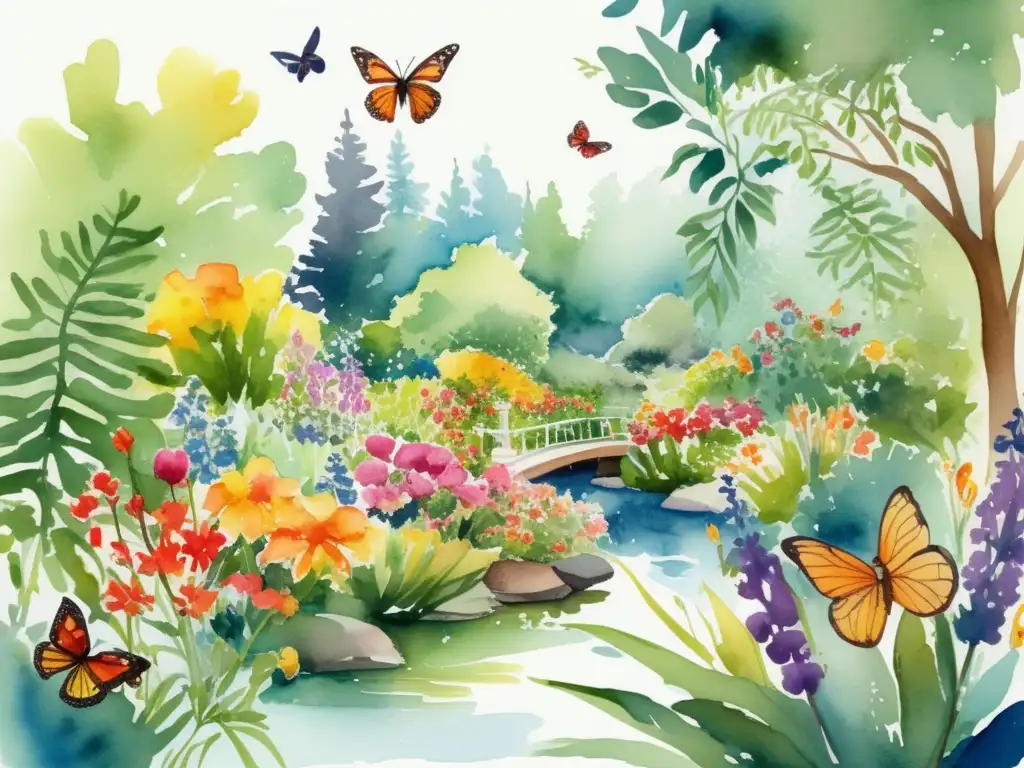 Jardín botánico lleno de vida y diversidad Ilustración acuarela de un exuberante jardín botánico lleno de especies de plantas vibrantes y diversas